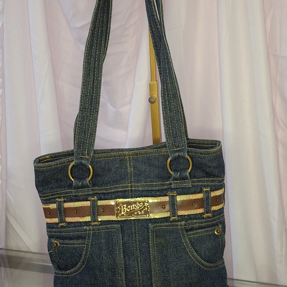 BONGO Handbags - BONGO Blue and Brown Denim Tote Bag with Gold Accents